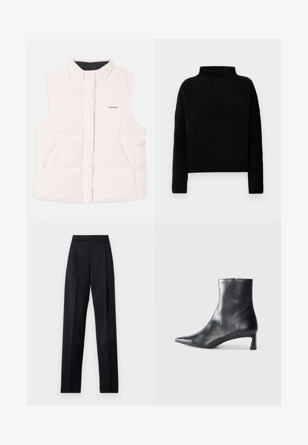 Gilet rembourré rose clair avec col haut, ouverture à l'avant et deux poches latérales. Présente une doublure intérieure noire et un petit logo à l'avant.; Pull en col roulé noir en tissu doux, avec des manches longues et une coupe décontractée, présentant des coutures minimales et sans embellissements visibles.; Pantalon noir en tissu lisse avec taille haute, jambes larges, plis à l'avant et passants de ceinture classiques. Pas de poches latérales visibles.; Bottine en cuir noir avec un bout pointu et un design épuré. Présente un petit talon et une fermeture éclair à l'arrière. Texture lisse.