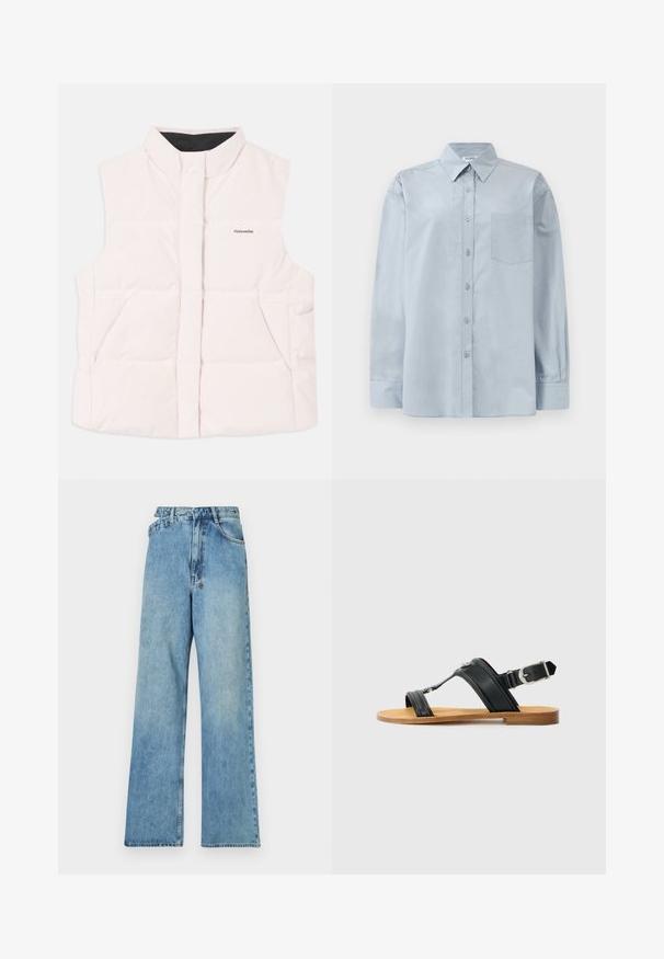 Helles rosa gefütterte Weste mit hohem Kragen, frontaler Öffnung und zwei Seitentaschen. Verfügt über eine schwarze Innenauskleidung und ein kleines Logo auf der Vorderseite.; Hellblaues Langarmhemd mit Knopfverschluss, spitzem Kragen und Brusttasche, flach auf einem weißen Hintergrund ausgelegt.; Helle blaue Denim-Weitejeans mit mittelhoher Taille, fünf Taschen und einem Knopfverschluss mit Metallbeschlägen und einem ausgewaschenen Finish.; Schwarze Ledersandale mit verstellbarem Schnallenverschluss, flacher sandfarbener Sohle und zwei breiten Riemen, die über den Fuß laufen, minimalistisches Design.