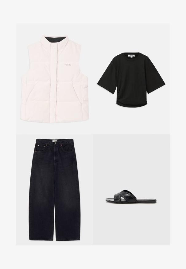 Világos rózsaszín, párnázott mellény magas gallérral, elöl nyitott és két oldalsó zsebbel. Fekete belső bélés és kis logó található az elején.; Fekete, rövid ujjú póló puha pamutból, lekerekített nyakkal és laza szabással, oldalán finom ráncolással.; Széles lábú fekete farmernadrág réz gombokkal, két elülső zsebbel és sima textúrával. Tiszta tervezés, egyenes szabás.; Fekete slideszandál sima bőrfelülettel, keresztbe futó pántokkal és kivágott részletekkel, valamint lapos, hajlékony talppal.