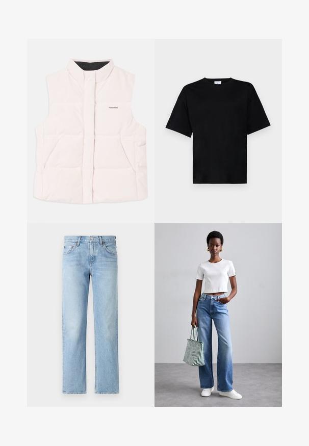 Helles rosa gefütterte Weste mit hohem Kragen, frontaler Öffnung und zwei Seitentaschen. Verfügt über eine schwarze Innenauskleidung und ein kleines Logo auf der Vorderseite.; Schwarzes T-Shirt mit kurzen Ärmeln in lässiger Passform, aus weichem Stoff gefertigt, mit rundem Halsausschnitt und ohne auffällige Muster oder Akzente.; Helleblaue Jeans aus Denim mit geradem Schnitt, fünf Taschen, Knopf- und Reißverschluss sowie einem leicht ausgewaschenen Finish.; Weißes geripptes, kurz geschnittenes T-Shirt, hellblaue weit geschnittene Jeans und weiße Sneakers. Hält eine grün-weiß gestreifte Tragetasche.