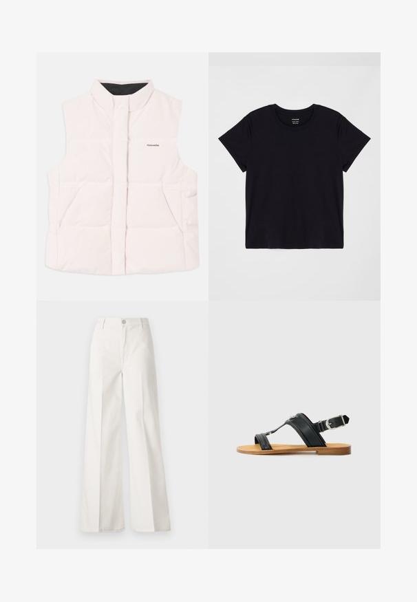 Lichtroze gewatteerde vest met hoge kraag, vooropening en twee zijzakken. Kenmerkt zich door zwarte binnenvoering en een klein logo aan de voorkant.; Zwarte T-shirt met korte mouwen, gemaakt van zachte katoen. Klassiek ontwerp met ronde hals en een eenvoudige, ongecompliceerde uitstraling met een comfortabele pasvorm.; Witte wijde-broek gemaakt van katoen met een gladde textuur. Voorzien van een knoop aan de voorkant, ritsopening en vierzakkenontwerp.; Zwarte leren sandaal met verstelbare gesp, platte beige zool en twee brede banden die over de voet kruisen, minimalistisch ontwerp.