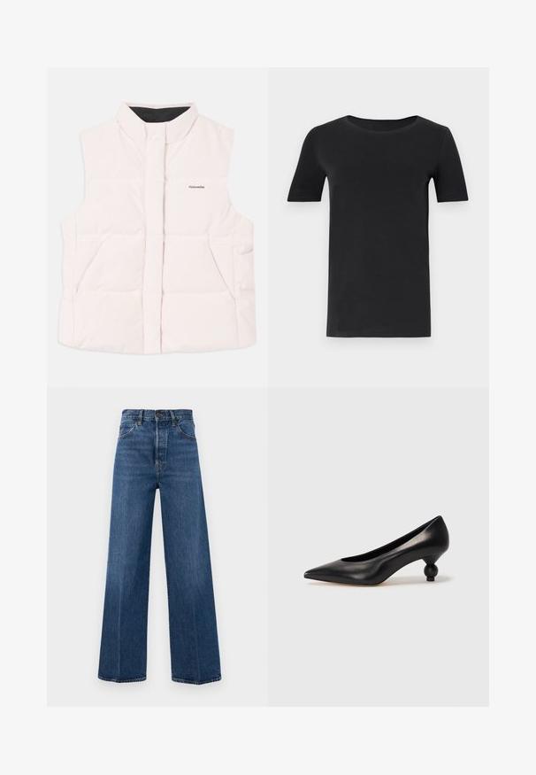 Světle růžová prošívaná vesta s vysokým límcem, předním zapínáním a dvěma postranními kapsami. Obsahuje černou podšívku a malou logo na přední straně.; Černé tričko s krátkým rukávem vyrobené z měkké bavlny, s kulatým výstřihem a klasickým střihem. Hladká textura, bez vzorů nebo ozdob.; Široké modré džíny vyrobené z denimu s vysokým pasem, předními kapsami a kontrastním švem. Tkanina má hladkou texturu.; Černá kožená vysoká bota na podpatku s špičatou špičkou a kulatým, zaobleným podpatkem. Hladká textura s elegantním, minimalistickým designem.