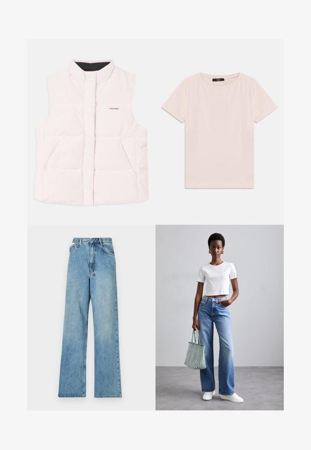 Lys rosa polstret vest med høy krage, åpning foran og to sidelommer. Har svart innvendig fôr og lite logo foran.; Lys rosa t-skjorte med korte ermer laget av mykt stoff, med rund hals og et enkelt, uornert design uten mønstre eller detaljer.; Lyseblå denim bukser med vide ben, midjehøyde, fem lommer og knapp-åpning med metallbeslag og slitt finish.; Hvit ribbet cropped t-skjorte, lyseblå vide jeans og hvite joggesko. Holder en grønn og hvit stripete totebag.