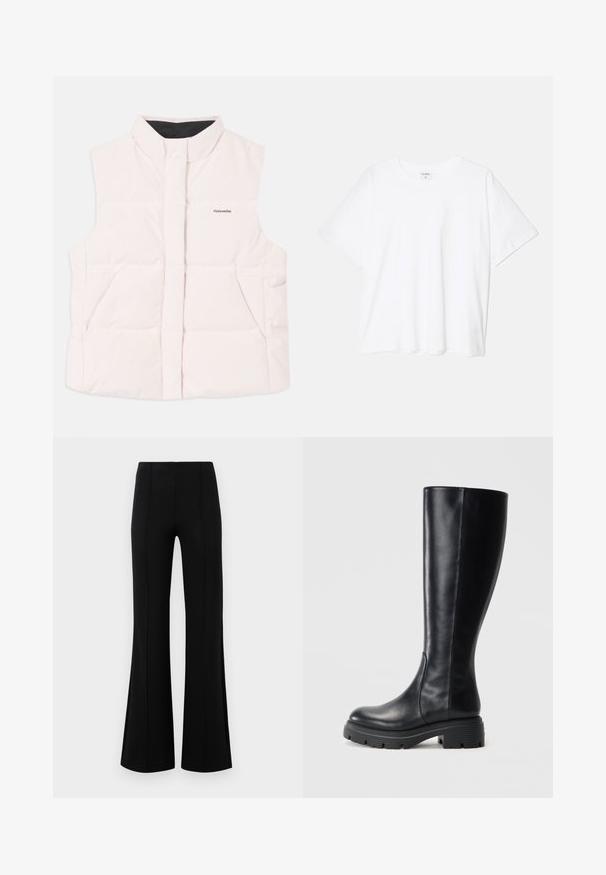 Chaleco acolchado de color rosa claro con alto cuello, apertura frontal y dos bolsillos laterales. Presenta un forro interior negro y un pequeño logotipo en el frente.; Camiseta de algodón blanca con mangas cortas, escote redondo, corte relajado y dobladillo cosido. Etiqueta visible en el interior del cuello.; Pantalones acampanados negros de cintura alta, fabricados en tejido elástico. Presentan detalles de costura vertical en la parte delantera y una textura suave.; Botas negras hasta la rodilla hechas de cuero suave, con una punta redonda y una suela de goma gruesa con patrones de relieve para mayor tracción.