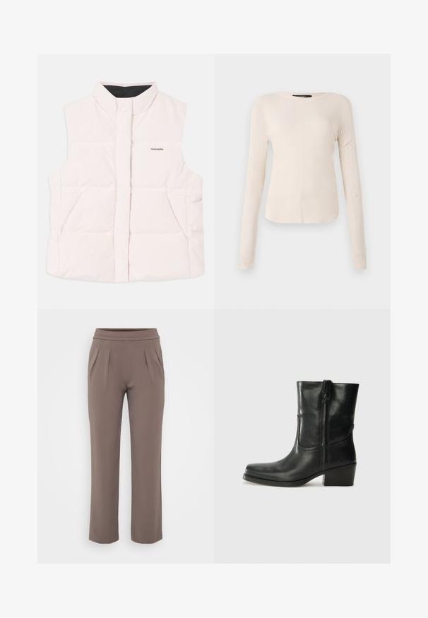 Gilet imbottito rosa chiaro con colletto alto, apertura frontale e due tasche laterali. Presenta una fodera interna nera e un piccolo logo sulla parte anteriore.; Maglietta a maniche lunghe di colore beige chiaro con scollatura rotonda. Realizzata in tessuto morbido, presenta una cucitura centrale e un orlo leggermente curvato. Senza hardware visibile.; Pantaloni taupe a vestibilità ampia con elastico in vita e pieghe frontali, realizzati in tessuto morbido.; Stivale ankle in pelle nera con punta arrotondata, tacco a blocco, cerniera laterale e dettagli in cucitura sulla tomaia. Texture liscia, design classico.
