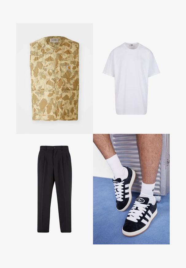 Pamušaluotas, be rankovių liemenė smėlio spalvos kamufliažo raštu. Apima krūtinės kišenę su logotipu ir dvi dideles šonines kišenes. Medžiaga atrodo tvirta.; Balta medvilninė marškinėlių užsagėlė su trumpomis rankovėmis, apvaliu kaklu, laisva forma ir be matomų logotipų ar raštų. Lygi tekstūra ir minimalus dizainas.; Juodi kelnių su raukšlėtu priekiu dizainu, pagaminti iš lygaus audinio. Su mygtuko užsegimu ir diržo kilpomis; tiesios kojų formos.; Juodos zomšos sportbačiai su baltais raišteliais ir trimis baltais dryžiais. Ant liežuvėlio yra apvalus juodas logotipas, o pado medžiaga – guminė.