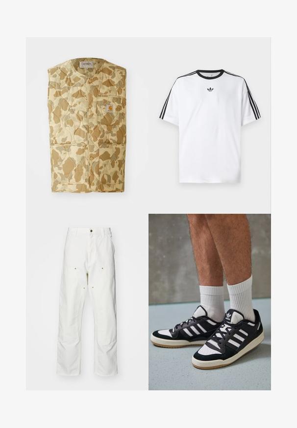 Γαλακτώδης, άνευ μανικιών γιλέκο σε καμηλό καμουφλάζ σχέδιο. Περιλαμβάνει μια τσέπη στο στήθος με λογότυπο και δυο μεγάλες πλαϊνές τσέπες. Το υλικό φαίνεται ανθεκτικό.; Λευκό T-shirt φτιαγμένο από βαμβάκι, με μαύρη στρογγυλή λαιμόκοψη και τρεις μαύρες ρίγες σε κάθε ώμο. Μικρό μαύρο λογότυπο στο στήθος.; Λευκά βαμβακερά cargo παντελόνια με χαλαρή εφαρμογή. Ενδεικτικά χαρακτηριστικά περιλαμβάνουν μπροστινές τσέπες, χρυσές λεπτομέρειες και ενισχυμένα γόνατα.; Μαύρα και λευκά αθλητικά παπούτσια με άνω μέρος από σουέτ και δέρμα, featuring τρεις λευκές ρίγες, περατά δάχτυλα και σόλα από καουτσούκ τύπου γκαστ.