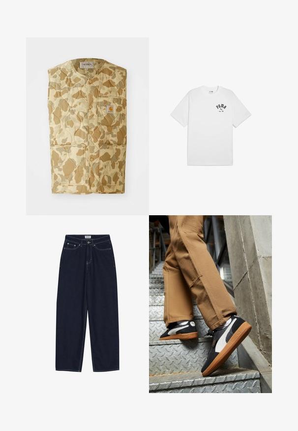 Kvadričasti, bezrukavni prsluk u bež kamuflažnom uzorku. Uključuje džep na prsima s logotipom i dva velika bočna džepa. Materijal izgleda izdržljivo.; Bijela pamučna majica s kratkim rukavima i okruglim izrezom, s crnim otisnutim logotipom na prsima. Jednostavan, klasičan dizajn.; Tamno plavi traper široke hlače s kontrastnim šavovima, prednjim džepovima i kopčanjem na gumb. Čist, ravni kroj bez ukrašavanja.; Crne i sive suede tenisice s bijelim detaljima i potplatima od gume boje gume, nošene na bež hlačama dok se penju metalnim stubama.