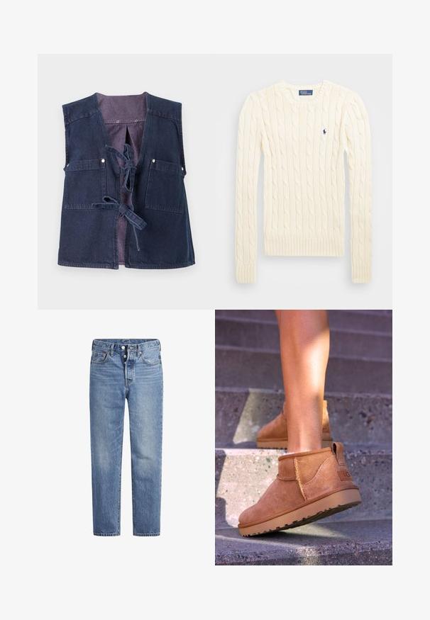 Tumši zils džinsa žakets ar dziļu V veida kaklu, divām priekšējām kabatām un izvēršu aizdari. Iekšējai oderei ir kontrastējošs dizains.; Krems krāsas adīts džempers ar garām piedurknēm, ribotām aprocēm un apakšmalu, ar nelielu izšūtu logotipu kreisajā krūtī.; Gaiši zila džinsu bikses ar taisnu griezumu, piecu kabatu dizainu un poga aizdari. Iespējamas nelielas izbalēšanas un apelsīnu diegu akcenti.; Dzeltenbrūnas zamšādas potīšu zābaciņi ar mīkstu tekstūru, izšūtu apdari un gumijas zoli, kas aprīkoti ar cilpu uz papēža ērtai uzvilkšanai.