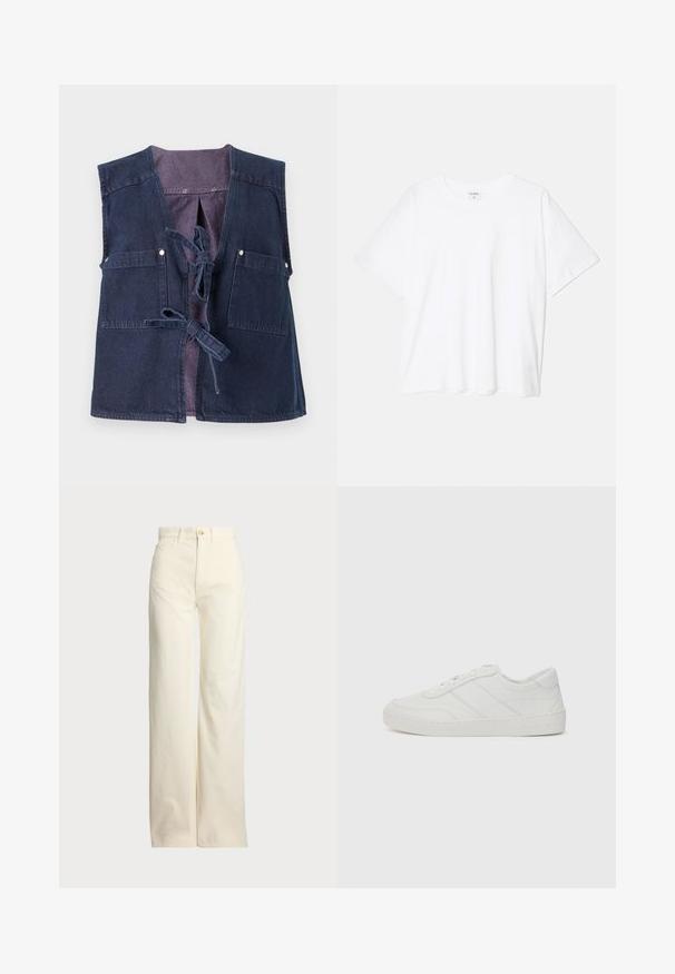 Colete de ganga em azul escuro com um decote em V profundo, dois bolsos frontais e fecho com laço. Apresenta um forro interior em contraste.; T-shirt de algodão branco com mangas curtas, decote redondo, corte descontraído e bainha cosida. Etiqueta visível no interior do pescoço.; Polo Ralph Lauren COTTON CORDUROY WIDE-LEG PANT - Calças - warm white; Sapatilha de couro branco com atacadores planos, bico arredondado e detalhes de costura subtis. Apresenta uma sola texturizada e um logótipo da marca em relevo no calcanhar.