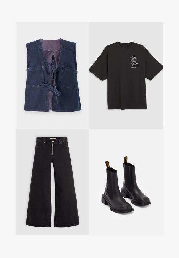 Colete de ganga em azul escuro com um decote em V profundo, dois bolsos frontais e fecho com laço. Apresenta um forro interior em contraste.; T-shirt de algodão preto com mangas curtas, apresentando uma ilustração de mão e o texto "Levi's LA LUNE" em branco na área do peito esquerdo.; Calças de ganga de perna larga em denim preto com fecho éclair à frente, design de cinco bolsos e detalhes de costura subtil. Textura suave e estilo casual.; Botas pretas até ao tornozelo feitas de couro liso, com painéis laterais elásticos, bico quadrado e um salto robusto. Apresenta puxadores amarelos com marca.