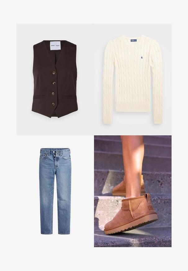 Samsøe Samsøe RAMONA - Vest - chocolate torte; Kreemivärvi nöörkootud sviiter pikemate varrukatega, soonikvarrukate ja alläärega, millel on vasakul rinnal väike broderi logo.; Heled sinised teksad sirge lõikega, viie tasku disainiga ja nööpidega kinni. Omavad kerget pleekimist ja oranže õmblusi.; Kergedest nahast pahklu ботинки pehme tekstuuriga, õmmeldud detailide ja kummist tallaga, millel on sanga kand kergesti selga panemiseks.