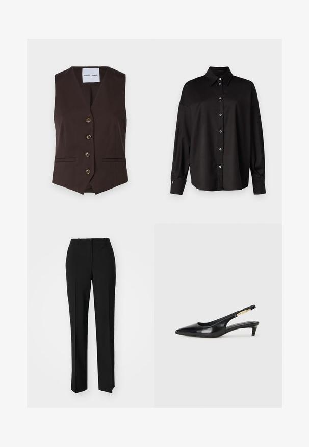 Samsøe Samsøe RAMONA - Vest - chocolate torte; DRYKORN LYSILA - Skjortebluser - black; Sorte skræddersyede bukser med lige ben-design, der har en glat tekstur og skarpe folder langs fronten. Ingen synlige hardware.; Sorte læder slingback hæle med spids tå, der har en slank hæl og en guldfarvet detalje på den justerbare rem. Glat tekstur.