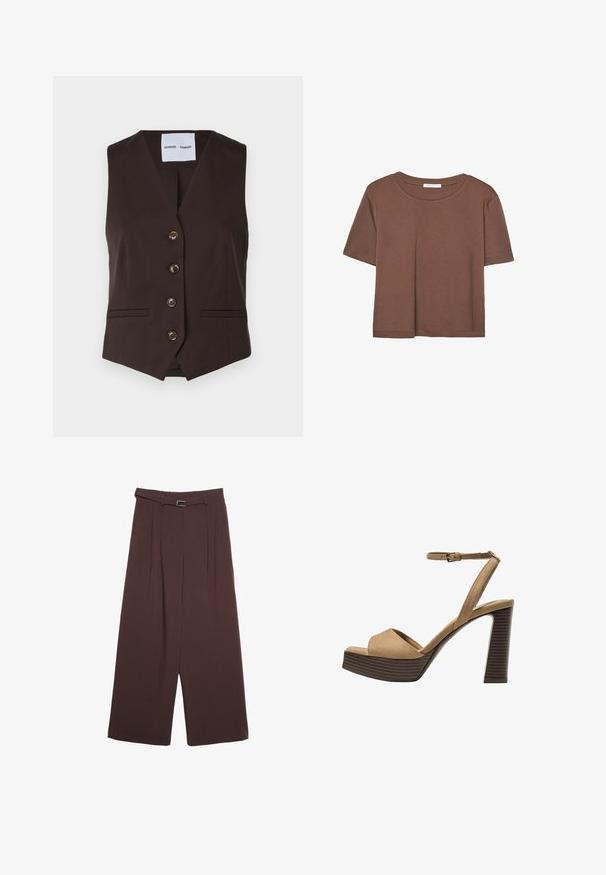 Samsøe Samsøe RAMONA - Weste - chocolate torte; Braunes, kurzärmliges T-Shirt aus weichem Material mit rundem Halsausschnitt und lockerer Passform. Keine sichtbaren Muster oder Akzente.; Stradivarius WIDE-LEG WITH BUCKLE DETAIL - Stoffhose - dark brown; Beige Wildleder-Pumps mit hohem Absatz, breitem Vorderband und Knöchelriemen, ausgestattet mit einem klobigen Holzblockabsatz mit strukturiertem Finish.