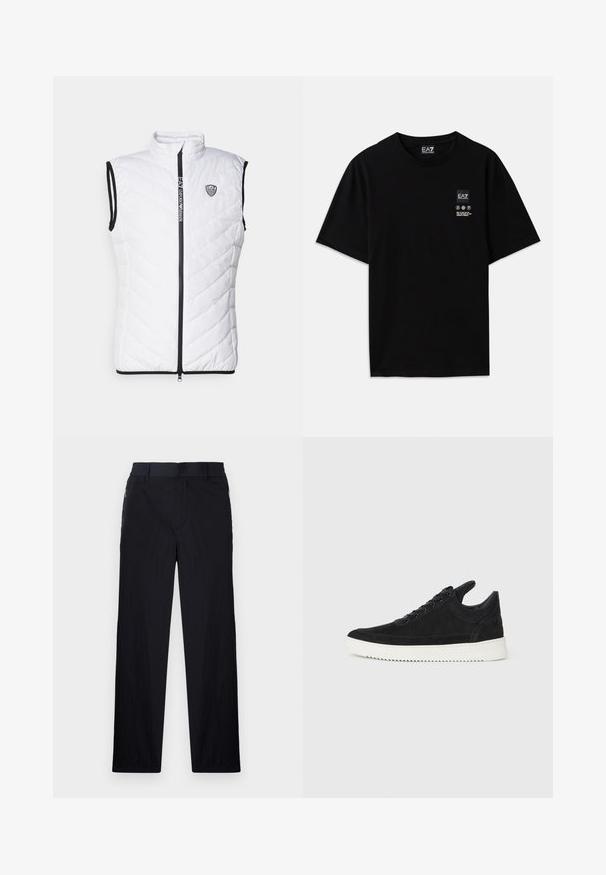 Balta be rankovių pūkinė liemenė su aukštu apykakle, deimanto formos siuvinėjimu, juoda užtrauktuku ir subtiliu logotipu krūtinėje.; Juoda medvilnė t-shirt su trumpomis rankovėmis, apvalia iškirpte ir maža logotipo etiketė priekyje su baltomis priežiūros simbolių pictogramomis.; Juodos kelnės, pagamintos iš lengvos tekstūruotos medžiagos, tiesaus silueto, su elastingu juosmeniu ir šoniniais užtrauktukų kišenėmis.; Juodų suede sportbačių su balta gumine padu, su toniniais siuvinėjimais ir raištelių užsegimu. Sklandus paviršius su šiuolaikine, laiko forma.