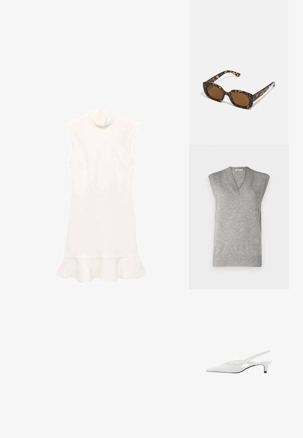 Szary, bezrękawnikowy pulower z dekoltem w serek, z prążkowanym dołem i miękką teksturą, idealny do noszenia w warstwach na różne stylizacje.; Biała sukienka bez rękawów z wysokim dekoltem, z rozkloszowanym dołem i gładką fakturą. Prosty fason bez wzorów i widocznych elementów metalowych.; Biała szpilka na odkrytej pięcie z ostrym noskiem, charakteryzująca się gładką cholewką, subtelnymi wycięciami i niskim obcasem w kształcie bloku. Czarna podeszwa podkreśla design.; Okulary przeciwsłoneczne w kratkę z zaokrągloną, grubą oprawą i brązowymi soczewkami. Posiadają subtelne wzory oraz proste, zwężane zauszniki.; Czarna skórzana torba na ramię o gładkiej fakturze, zaokrąglonym kształcie i regulowanym uchwycie. Charakteryzuje się minimalnym przeszyciem i prostym designem.