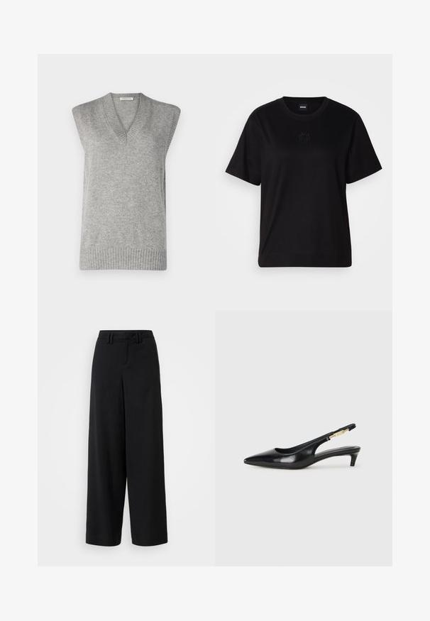 Gray sleeveless knit pullover with a V-neck, featuring a ribbed hem and soft texture, suitable for layering over various outfits.; Black cotton t-shirt with a crew neckline, short sleeves, and an embroidered logo on the chest. Simple, relaxed fit with no patterns.; Black wide-leg trousers made of smooth fabric, featuring a flat-front design, pleated details, and belt loops at the waistband.; Black leather slingback heels with a pointed toe, featuring a slim heel and a gold-tone accent on the adjustable strap. Smooth texture.