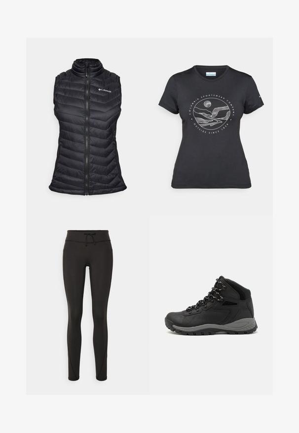 Schwarze Steppweste mit hohem Kragen, vertikaler Steppoptik, Reißverschluss und zwei Seiten pockets. Mit einem Logo auf der Brust.; Schwarzes Columbia-T-Shirt mit weißer kreisförmiger Berg- und Fluss-Linienkunst und dem Text "Columbia Sportswear Company - Draußen seit 1938."; Schwarze Leggings mit hohem Bund, Kordelzug, glatter Textur und tailliertem Design. Verfügt über Nähte entlang der Seiten.; Schwarzer Wanderstiefel mit einem mittelhohen Design, ausgestattet mit einer strukturierten Oberfläche, grauen Akzenten und einer robusten Gummisohle mit Profilstollen.