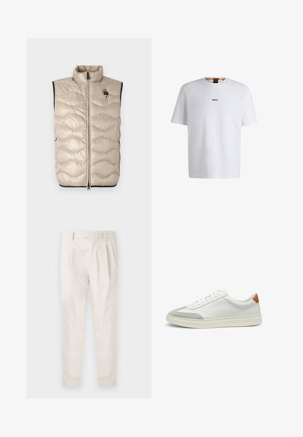 Lichtgewicht, mouwloze puffer vest in tan met een gequilt textuur, hoge kraag, ritssluiting aan de voorkant en zijzakken. Zwarte accenten aan de onderkant.; Witte katoenen T-shirt met korte mouwen, voorzien van een zwart "BOSS"-logo in het midden van de borst en een ronde halsontwerp.; Witte, geplooide broeken met een getailleerde pasvorm, met een gladde textuur, riemlussen en taps toelopende benen. Geen zichtbare zakken of patronen.; Witte leren sneakers met grijze suede accenten en een tan leren hieltab. Kenmerkt zich door een textuurovervlak en een lichtgewicht zool.
