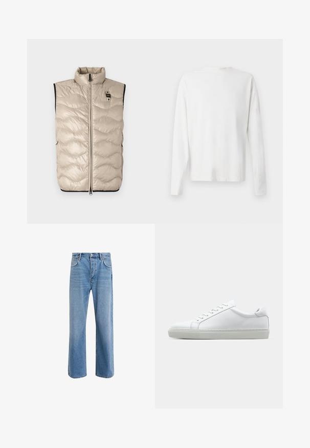 Lett, ermeløs puffer vest i beige med quiltet tekstur, høy krage, glidelås foran og sidelommer. Sorte accenter nederst.; Langermet hvit bomullsskjorte med rund hals, sidespalter nederst og en jevn tekstur, vist fra baksiden.; Lys blå denimjeans med rett ben-design, fem lommer, knappeåpning, minimal falming og kontrasterende sømdetaljer.; Hvit sneakers med en glatt skinnoverdel og lav profil. Har en rund tå, seks snøring hull, og en teksturert gummisåle.