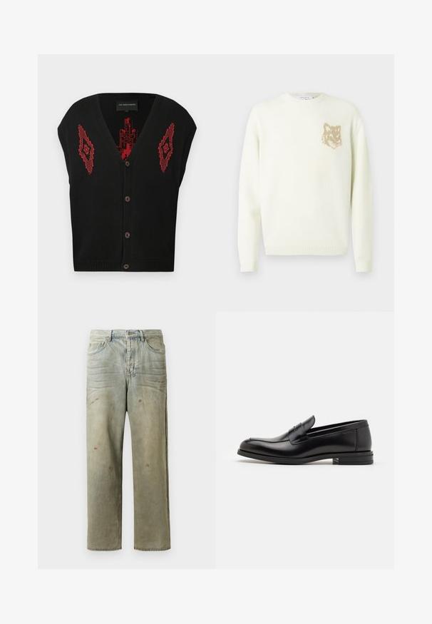 Fekete, ujjatlan kötött mellény, piros geometriai mintákkal az elején és barna gombokkal középen.; Világos krém színű crewneck pulóver hosszú ujjakkal, bal mellrészen egy kis bézs színű rókafej grafikával, bordás mandzsettákkal és aljjal.; Fakó zöld, kopott farmerszadrág, egyenes lábbal, ötk zsebes kialakítással, egyenetlen kopással és festékcseppekkel.; Fekete bőr loaferek sima textúrával, kerek orral és dekoratív pánttal a vampnál. Alacsony, rétegelt sarkú, minimalista dizájn.