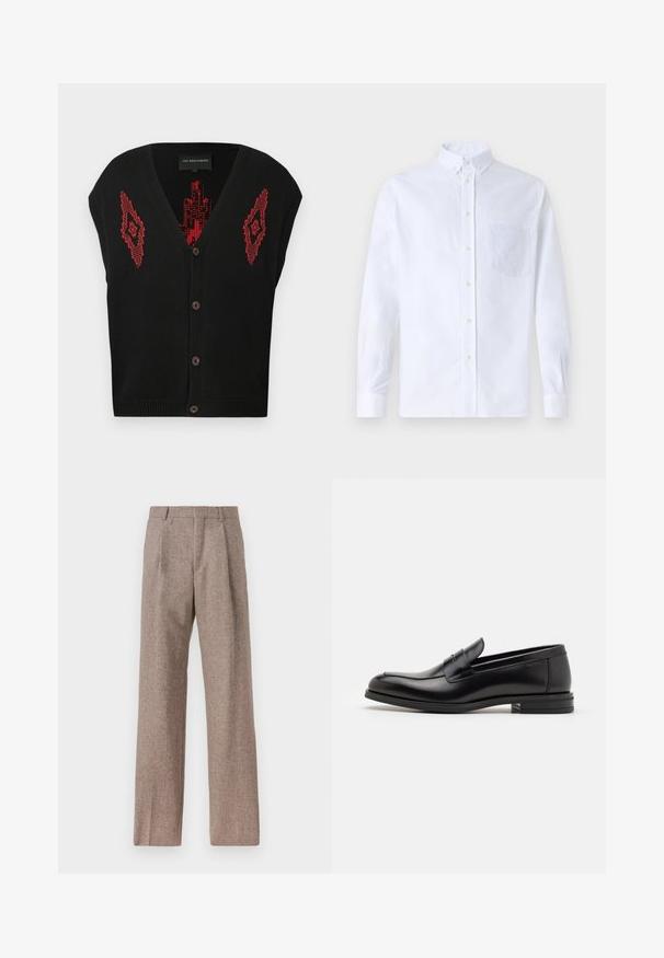 Μαύρο αμάνικο πλεκτό γιλέκο με κόκκινες γεωμετρικές σχέσεις μπροστά και καφέ κουμπιά κατά μήκος της κεντρικής ραφής.; Λευκό πουκάμισο με μακρύ μανίκι, φτιαγμένο από βαμβάκι, με τσέπη στο στήθος με τονικό κέντημα, γιακά και κουμπιά στους μανικέτες.; Καφέ παντελόνι με ψηλή μέση από υφαντό ύφασμα. Διαθέτει φαρδιές καβάτζες και δύο μανίκια μπροστά για δομή. Καθαρή φινίρισμα χωρίς ορατό εξοπλισμό.; Μαύρες δερμάτινες μπαλαρίνες με λεία υφή, στρογγυλή μύτη και διακοσμητική ταινία πάνω από το επάνω μέρος. Χαμηλός καπιτώνας, μινιμαλιστικός σχεδιασμός.
