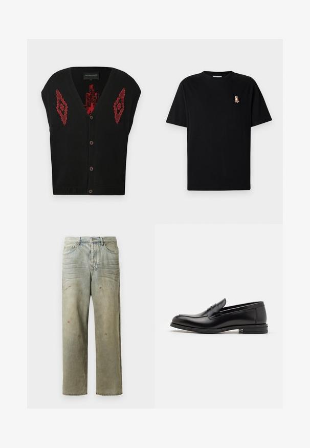 Černá bezrukávová pletená vesta s červenými geometrickými vzory na přední straně a hnědými knoflíky uprostřed.; Černé tričko s krátkým rukávem a kulatým výstřihem s malým výšivkou oranžového lišáka na levé straně hrudi.; Odstřižené džíny v světle zelené barvě, se rovnými nohavicemi, pěti kapsami a nerovnoměrným vyblednutím s barevnými skvrnami.; Černé kožené polobotky s hladkou texturou, zaoblenou špičkou a zdobným páskem přes nárt. Nízký stohovaný podpatek, minimalistický design.