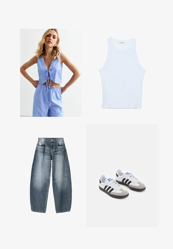 Ensemble deux pièces à rayures bleu clair comprenant un top court avec un décolleté en V profond, des fermetures à nouer et un pantalon ample avec une taille élastique.; Débardeur blanc, texture côtelée, encolure ronde, design sans manches, forme ajustée, marque discrète sur l'étiquette à l'intérieur du col.; Jean large en denim bleu clair avec décoloration, présentant un design à cinq poches, un bouton de fermeture et des détails de couture minimaux.; Baskets avec une tige en cuir blanc, un bout en daim gris et trois bandes noires. Présente un logo bleu sur la languette et une semelle en caoutchouc texturée.