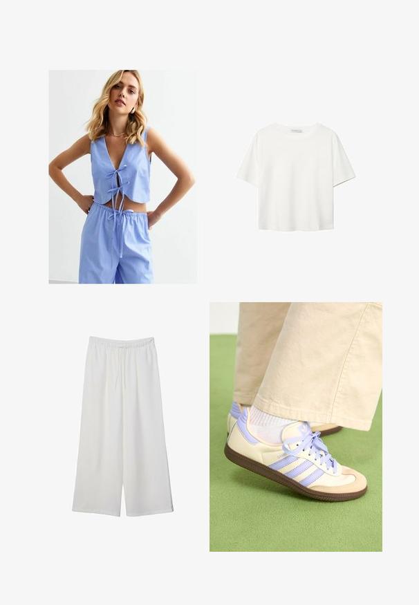 Ensemble deux pièces à rayures bleu clair comprenant un top court avec un décolleté en V profond, des fermetures à nouer et un pantalon ample avec une taille élastique.; T-shirt blanc à manches courtes en coton. Doté d'un col ras du cou et d'une coupe décontractée. Texture lisse sans motifs ni accents visibles.; Pantalons larges blancs en tissu léger, avec une taille élastique et un cordon de serrage pour un ajustement réglable. Texture lisse.; Baskets crème et lavande avec trois bandes et une semelle marron texturée, dotées de lacets et d'un talon rembourré. Tige en tissu doux.