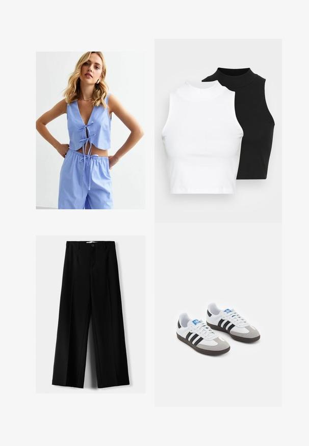 Light blue striped two-piece set featuring a cropped top with a deep V-neck, tie closures, and loose-fitting pants with an elastic waistband.; Two sleeveless ribbed turtleneck tops in black and white, featuring a fitted design and smooth texture, with cropped length.; Black wide-leg trousers made of lightweight fabric, featuring a front button closure and flat front, with neatly stitched hems.; Sport shoes with a white leather upper, gray suede toe, and three black stripes. Features a blue logo on the tongue and a textured rubber sole.