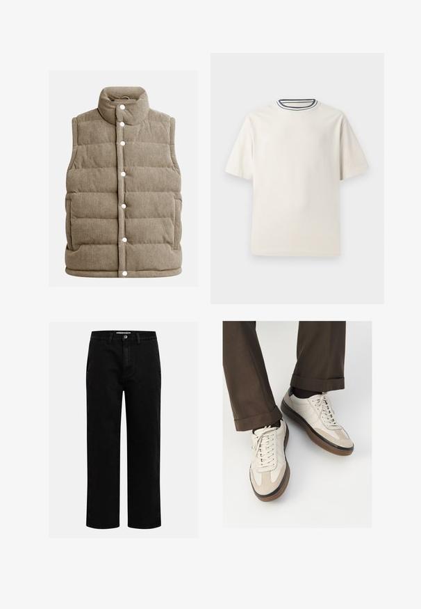 Bež žakardasti prsluk, dijamantni uzorak, visoki ovratnik, dugmad na kopčanje, sa bočnim džepovima i vertikalnom rebrastom teksturom.; Kremasta pamučna majica s kratkim rukavima, koja ima okrugli izrez naglašen mornarsko plavim i bijelim prugama. Glatka tekstura, ležeran kroj.; Crne traperice ravnog kroja s klasičnim dizajnom s pet džepova i kopčanjem na dugme u struku. Glatka tekstura i izdržljiv materijal.; Bež tenisice s teksturiranom nubuk prednjom stranom, glatkim kožnim bočnim stranama i smešnim gumenim potplatom. Uključene su vezice i lagani detalji šivanja.