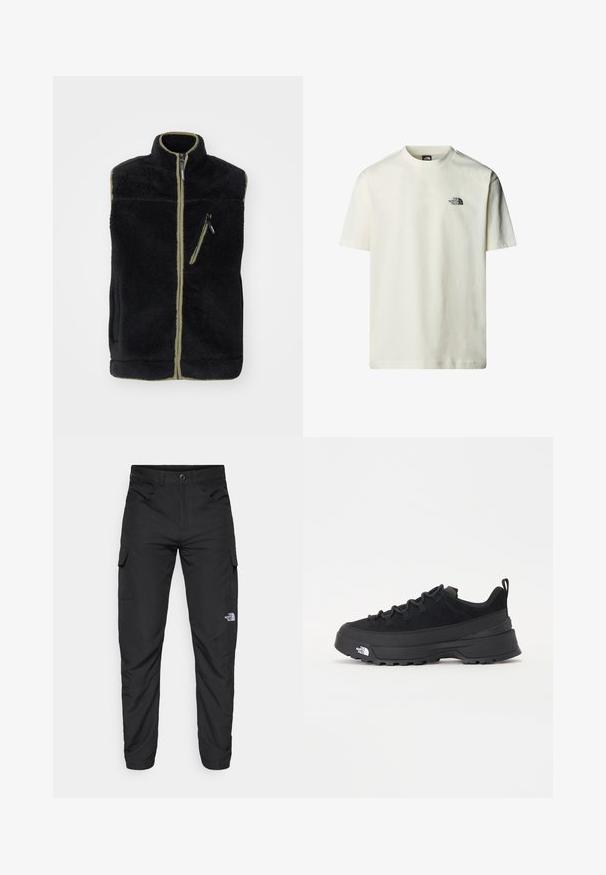 Black fleece vest with a high collar, olive green accents, front zipper, and a left chest pocket with a zipper. Soft, textured fabric.; Cotton T-shirt in off-white with short sleeves, crew neck, and a small black logo print on the left chest. Smooth texture.; The North Face HORIZON PANT - Outdoor trousers - black; Black outdoor sneaker with a suede upper, textured rubber sole, and sturdy lacing system. Features a reinforced heel and brand logo on the side.