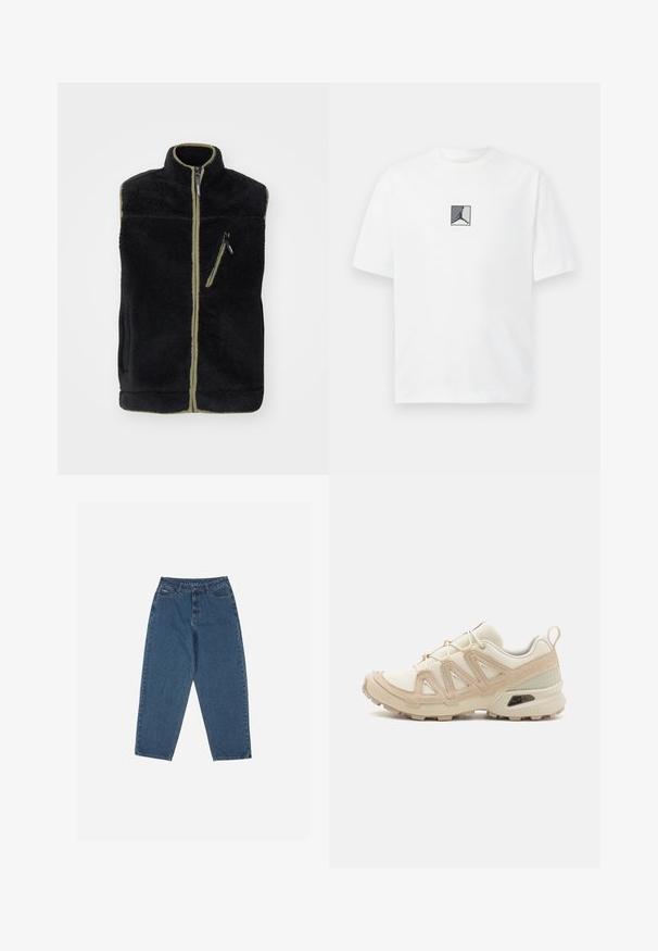 Crna flis prsluk s visokim ovratnikom, maslinasto zelenim akcentima, prednjim patentnim zatvaračem i džepom s patentnim zatvaračem na lijevoj strani prsnog područja. Mekana, teksturirana tkanina.; Bijela pamučna majica s središnjim crno-sivim logotipom. Klasičan okrugli izrez i kratki rukavi s opuštenim krojem.; Plave traperice s opuštenim krojem, visokim strukom, dizajnom s pet džepova i naglašenim šavovima. Imaju kopčanje na gumb i patentni zatvarač.; Bež i kremasti sportski tenisice s teksturiranim mrežastim gornjim dijelom, potpornih preklopa i gumeni potplat s uzorcima za prianjanje.