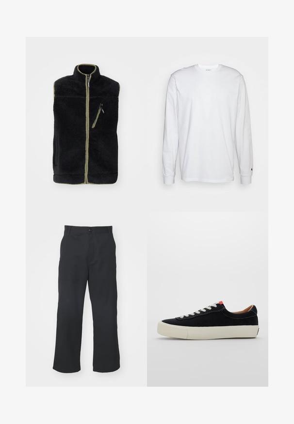 Vesta neagră din fleece cu guler înalt, accente verde măsliniu, fermoar frontal și un buzunar pe pieptul stâng cu fermoar.Țesătură moale, texturată.; Tricou alb cu mâneci lungi, din bumbac. Design cu guler rotund, cu manșete ribbate și un logo mic pe mâneca stângă. Textură netedă.; Pantaloni negri cu croială dreaptă, confecționați dintr-un material cu textură netedă, având deschidere frontală cu nasture și buzunare standard.; Tenisi negri din material textil, cușme albe, talpă din cauciuc bej și un accent roșu la călcâi. Vârf rotunjit și detalii de cusătură minime.