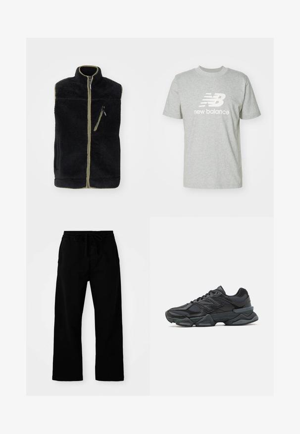Schwarze Fleeceweste mit hohem Kragen, olivgrünen Akzenten, Frontreißverschluss und einer linken Brusttasche mit Reißverschluss. Weicher, strukturierter Stoff.; Hellgraues Baumwoll-T-Shirt mit kurzen Ärmeln, Rundhalsausschnitt und dem weißen "New Balance"-Logo, das prominent auf der Vorderseite angebracht ist.; Schwarze, elastische Hosen mit verstellbarem Kordelzug, weitem Bein und glatter Baumwollstruktur. Keine sichtbaren Muster oder Hardware-Details.; Schwarzer Laufschuh mit einer Mischung aus Mesh- und sinthetischen Materialien, dicke Sohle, geschwungenes Design und auffälliger Markenkennzeichnung an der Seite.