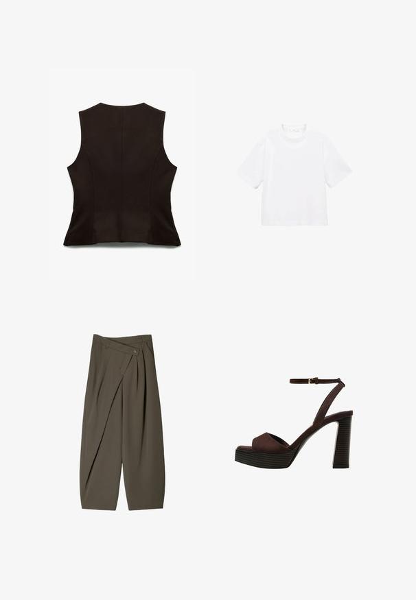 Zwarte mouwloze top met een strakke pasvorm, met een gladde textuur en subtiele naden. De achteraanzicht benadrukt een minimalistische stijl.; Witte katoenen t-shirt met korte mouwen en een ronde hals. Eenvoudig ontwerp, losse pasvorm, gladde textuur. Geen patronen of accenten zichtbaar.; Ruime broek in donkergroen stof, met een geplooide voorkant, een knoopsluiting en een gepolijste, gestructureerde afwerking.; Bruine suède high-heeled sandaal met een open teen, verstelbare enkelband en een gestreepte plateauzool.
