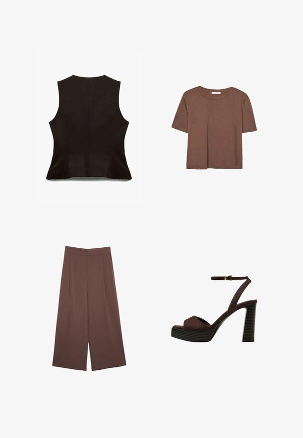 Sort ærmeløs top med en tætsiddende design, der har en glat tekstur og subtile sømme. Bagfra fremhæves den minimalistiske stil.; Brun kortærmet t-shirt lavet af blødt stof, med rund halsudskæring og afslappet pasform. Ingen synlige mønstre eller detaljer.; Brune bredbunde bukser med en glat tekstur, der har høj talje og plisseringer foran. Stoffet er let og falder løst.; Brune ruskinds højhælede sandal med åben tå, justerbar ankelrem og en stribet plade sål.