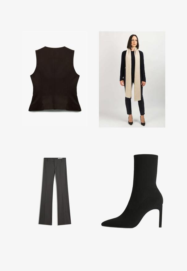 Sort ærmeløs top med en tætsiddende design, der har en glat tekstur og subtile sømme. Bagfra fremhæves den minimalistiske stil.; Hvid ribbet tanktop med scoop-udskæring og brede stropper. Blødt stof med en behagelig tekstur og syede kanter. Simpelt, tætsiddende design.; Grå flagrende bukser i et glat stof, med flad front, bæltestropper og en skræddersyet design med rene linjer.; Sort ankelstøvle fremstillet af blødt suede, med spids tå og høj stilettohæl. Minimalistisk design uden synligt hardware eller mønstre.; Dalle Piane Cashmere Sjal / Tørklæder - beige