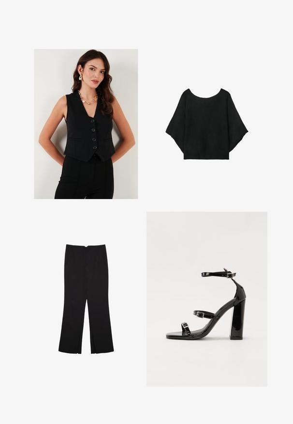 Črn brezrokavnik z V-izrezom, opremljen s črnimi gumbi, dvema sprednjima žepoma in teksturirano tkanino. Nosi se čez črne hlače.; Črn pleteni top s širokimi rokavi, krojem z okroglo izrezano vratnim delom in sproščenim fitom. Tkanina ima rebrasto teksturo, brez zapiralk ali vzorcev.; Črne hlače ravnega kroja z naglavnimi žepi in stranskimi razporki na robu. Narejene iz mehke, gladke tkanine. Primerne za različne priložnosti.; Črne lakaste sandale z visokimi petami, z dvema trakovoma z zaponkama, kvadratnim sprednjim delom in masivno širšo peto, z gladko, sijočo teksturo.
