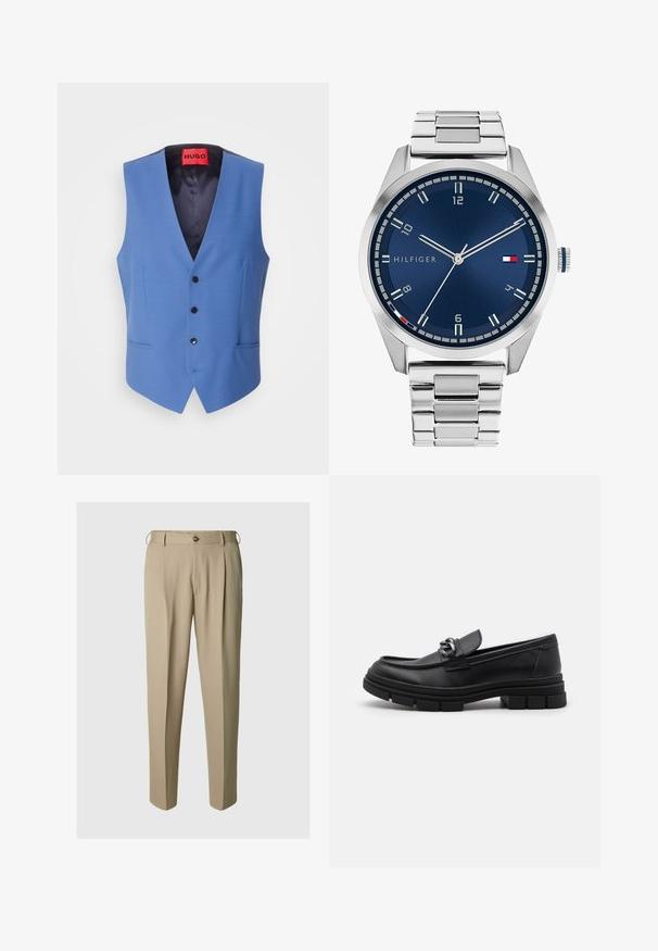 Blå väst i slät tyg med V-halsringning, fem svarta knappar och två framfickor. Insidan är fodrad med mörkt tyg.; Marinblå kabelstickad tröja med ribbade muddar och nederkant. Har en liten röd logotyp på bröstet. Tillverkad av strukturerad stickad tyg. Klassisk rundhals.; Beige veckade byxor gjorda av ett lätt tyg, med knäppning och bälteshällor, i en avslappnad raka ben-design.; Svart läderloafersko med rund tå, en dekorativ rem och hårdvara, samt en chunky texturerad sula. Slät finish med subtila detaljer.; Silver metall klocka med en borstad blå urtavla, vita timmarkörer och en datumvisning. Har ett länkande metallarmband och varumärkeslogotyp.