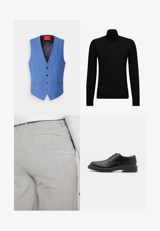 Mėlynas liemenė su lygiu audiniu, V formos iškirpte, penkiais juodais mygtukais ir dviem priekinėmis kišenėmis. Viduje pamušta tamsiu audiniu.; Juodas aukšto kaklo megztinis, pagamintas iš minkštos medžiagos, su ilgomis rankovėmis ir prigludusia forma. Su raukiniais apačioje ir rankogaliuose. Paprastas dizainas.; Šviesiai pilkos spalvos pritaikytos kelnės iš faktūrinės medžiagos, turinčios vieną užpakalinę kišenę ir tvarkingus siūlus.; Juodas odinis batų modelis su raišteliais, apvaliu nosiu, lygiu paviršiumi, minimaliai siuvinėjimu ir žemu guminėmis pakulne. Ant pakulnės šalia logo.