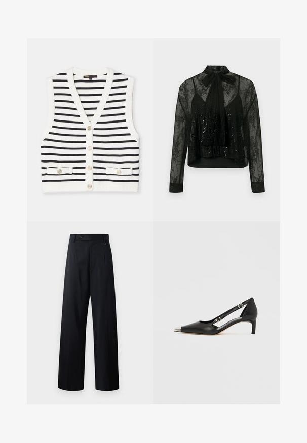 Gestreiftes ärmelloses Oberteil in Weiß und Schwarz, mit V-Ausschnitt, fünf Knöpfen und zwei vorderen Taschen mit dekorativen Knöpfen. Strukturierten Besatz.; Schwarze durchsichtige Bluse mit langen Ärmeln, versehen mit einer Spitzenüberlagerung und Paillettendetails, gekrönt von einer Schleife am Hals und einem verkürzten Design.; Weite Hose in dunklem Marineblau mit Knopfverschluss, vorderen Falten und glattem Stoff, der ein sauberes, maßgeschneidertes Design bietet.; Schwarzer Lederschuh mit Katzenabsatz, spitzer silberner Zehenkappe und doppelten Schnallenriemen vor weißem Hintergrund.