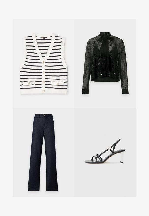 Gestreiftes ärmelloses Oberteil in Weiß und Schwarz, mit V-Ausschnitt, fünf Knöpfen und zwei vorderen Taschen mit dekorativen Knöpfen. Strukturierten Besatz.; Schwarze durchsichtige Bluse mit langen Ärmeln, versehen mit einer Spitzenüberlagerung und Paillettendetails, gekrönt von einer Schleife am Hals und einem verkürzten Design.; Dunkelblaue, hoch taillierte Jeans mit weitem Bein, ausgestattet mit fünf Taschen, einem Knopfverschluss und kontrastierenden Nähten. Glatte Oberfläche ohne Muster.; Schwarze High-Heelsandalen mit mehreren schmalen Riemen, im Slingback-Design und einem silbernen Akzent an der Ferse. Glattes Obermaterial und blockförmige Ferse.