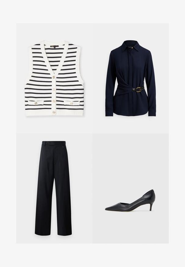 Randig ärmlös väst i vitt och svart, med V-hals, fem knappar och två framfickor med dekorativa knappar. Strukturerad trim.; Mörkblå långärmad skjorta med krage, vriden design framtill och ett svart skärp med guldfärgat spänne och nitar. Mjuk tygstruktur.; Breda byxor i mörk marinblå, med knappstängning, framfåll och slät tygkvalitet med en ren och skräddarsydd design.; Svart läderpumps med spetsig tå och låg klack. Har en slät textur och subtil glans. Öppet utskuret fram för extra detalj.