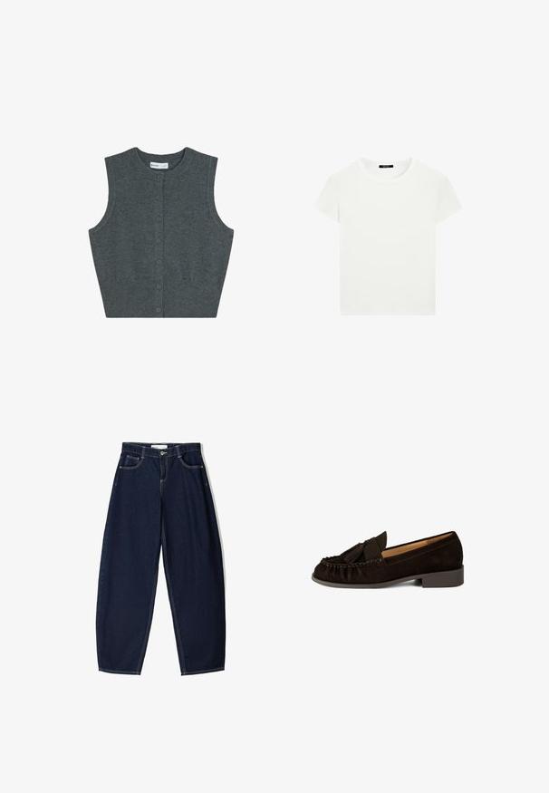 Grå ærmeløs cardigan lavet af strikket stof, med rund halsudskæring, frontlukning med knapper og ribkant.; Simpel hvid t-shirt med korte ærmer og rund halsudskæring, slim fit, præsenteret fladt mod en hvid baggrund.; Mørkeblå denimbukser med løs pasform, der har fem lommer, kontrasterende syninger og lynlåslukning foran.; Brune ruskinds mokkasiner med rund tå, plisseret detaljer og en lille kvast-accent. Har en lav, let hævet hæl.