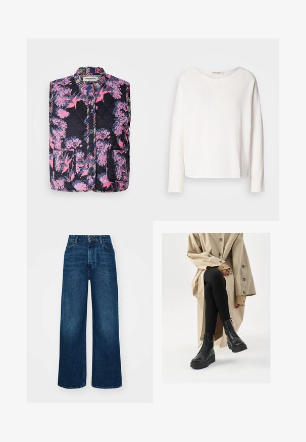 Vooderdatud vest, millel on tume taust ja roosa ja lilla lillemuster. Sihvakas krae ja ees on neli nuppu.; Pikend varrukatega, ümarate kaelustega tee, mis on valmistatud pehmest, kergekaalulisest valgest kangast ja millel on mugav lõige. Omab puhast äärt ja nähtavat riistvarata disaini.; Kõrge vöökohaga laiad teksad tummises sinises denimis, millel on sile tekstuur, kontrastne õmblus ja viie-tasku disain. Esimene nupulukk.; Must nahkased kingad, millel on paeltega detail, kõrgendatud platvormi tald ja tekstureeritud mustad retuusid, kantud helebeeži trench-kotiga.