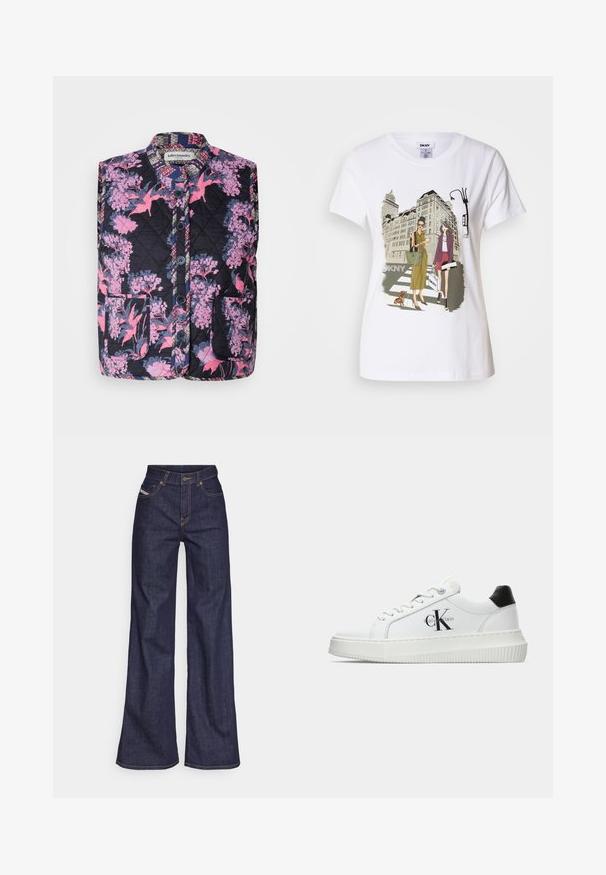 Quiltet vest med blomstermønster i rosa og lilla på mørk bakgrunn. Har ståkrage og fire knapper foran.; Hvit bomulls T-skjorte med trykt illustrasjon av to kvinner i urbane motestiler med en hund på et fotgjengerfelt og bybygninger.; Mørkeblå vide jeans i denim med høy midje, med oransje sømmer, fem-lomme-design og knappelukking.; Hvite lavsko med svart hæltab, plattformsåle, snøringer og Calvin Klein "CK" logo på siden.