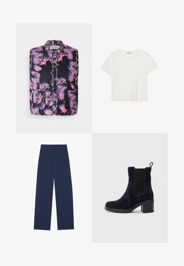 Vooderdatud vest, millel on tume taust ja roosa ja lilla lillemuster. Sihvakas krae ja ees on neli nuppu.; Valge lühikeste varrukatega t-särk, mis on valmistatud pehmest puuvillast. Omab ümmargust kaelust ja mugavat lõiget. Puhtad jooned, ilma nähtavate mustrite või aktsentideta.; Tumedat sinised laiad püksid pehmest kangast, millel on esipleekid, sile pind ja sirge lõige, ilma nähtavate taskuteta.; Tumedat siniset nahast sääre pooled saapad elastse külgpaneeliga, ümmarguse ninaga ja blokkninaga. Tekstuuriga kangas ja siledad tallad lisavad kontrasti.