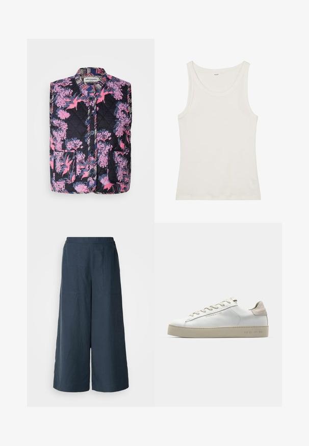 Gestepptes Weste mit einem floralen Muster in Rosa und Lila auf dunklem Hintergrund. Verfügt über einen Stehkragen und vier Knöpfe an der Vorderseite.; Weißes Baumwolltanktop mit weitem Ausschnitt und dünnen Schulterträgern. Glatte Textur ohne sichtbare Muster oder Verzierungen.; Weite Beinhosen in Marineblau, aus leichtem Stoff. Mit einer leicht strukturierten Oberfläche, elastischem Bund und Vordernähten.; Weiße Leder-Sneaker mit glatter Oberfläche, beigen Wildleder-Akzenten, runder Zehenpartie, flachem Schnürdesign und einer strukturierten Gummisohle.