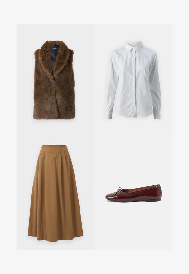 Brun faux fur ærmeløs vest med bred krave og sort indre foring, mærket Vero Moda, vist fladt på hvid baggrund.; Hvit skjorte med knapper laget av glatt bomull, med klassisk krage, lange ermer og buet skjær. Knapper er små og hvite.; Brun bomull A-linje skjørt med høy midje, med folder foran og en jevn tekstur. Kantene er rene og enkle.; Burgunderrød lakk lær ballettleilighet med rund tå, liten sløyfe foran og en lav, svart gummisåle. Glatt tekstur.